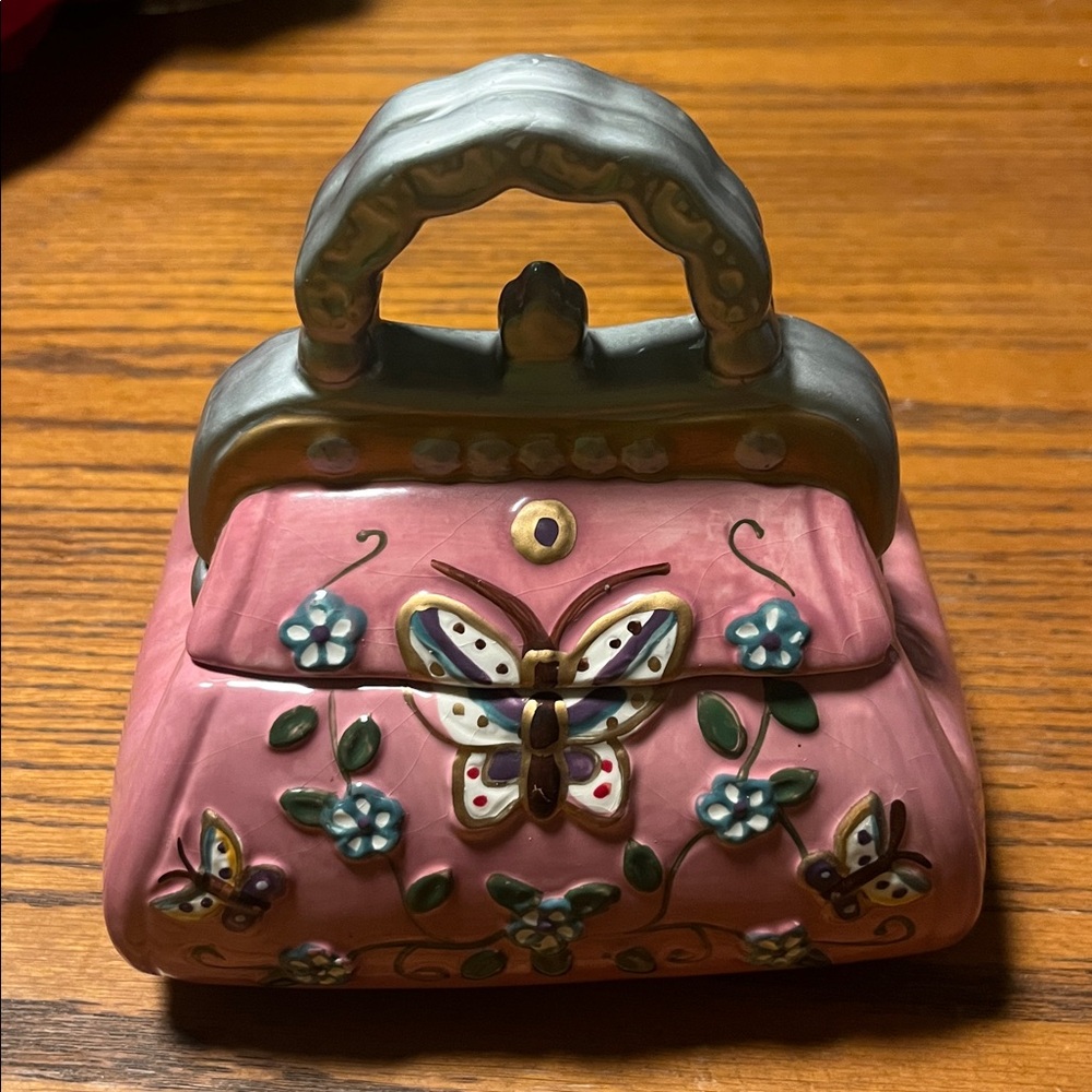 David's Cookies Pink Butterfly Flower Purse Ceramic Small Candy or Cookie Jar